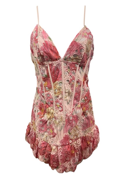 PrettyLittleThing Pink Multi Floral Corset Puffball Mini Dress NWT Size 10 - Picture 3 of 9